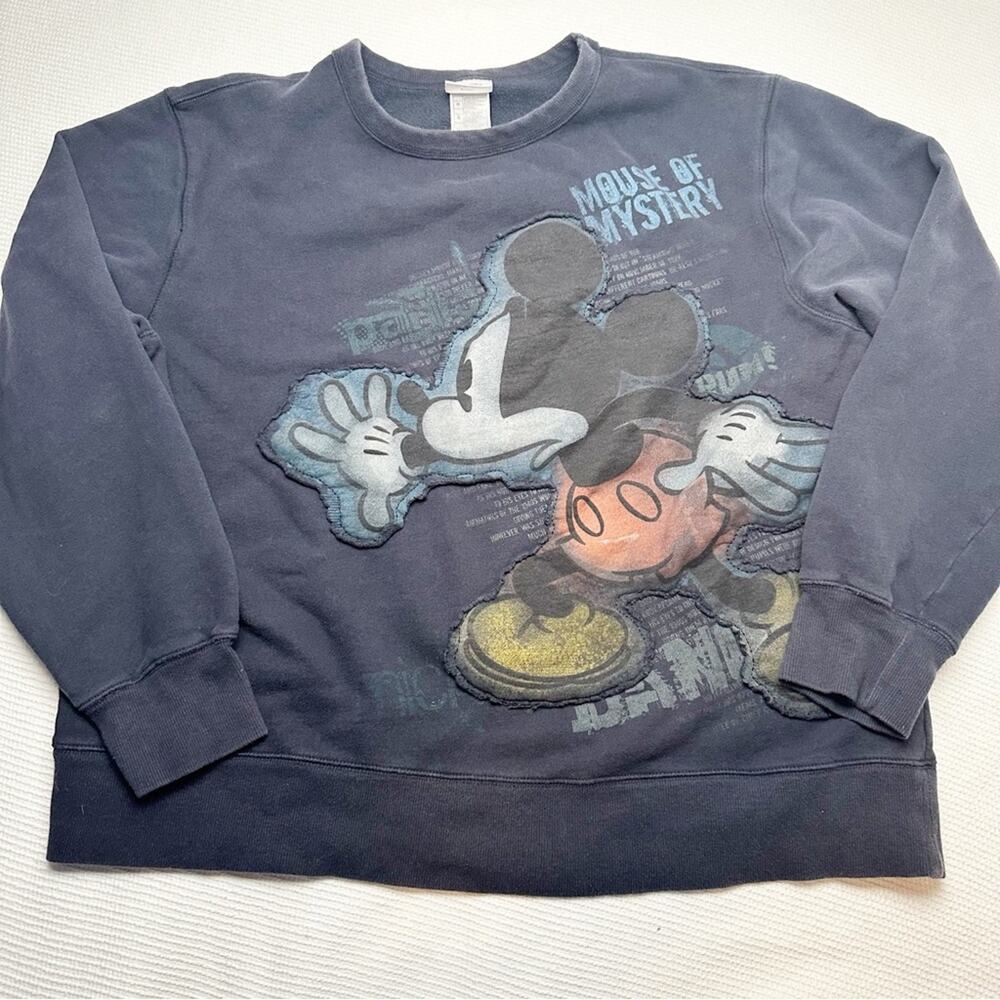 Disney Mickey Mouse crew sweatshirt appliqué navy large Mens "Mouse of Mystery"